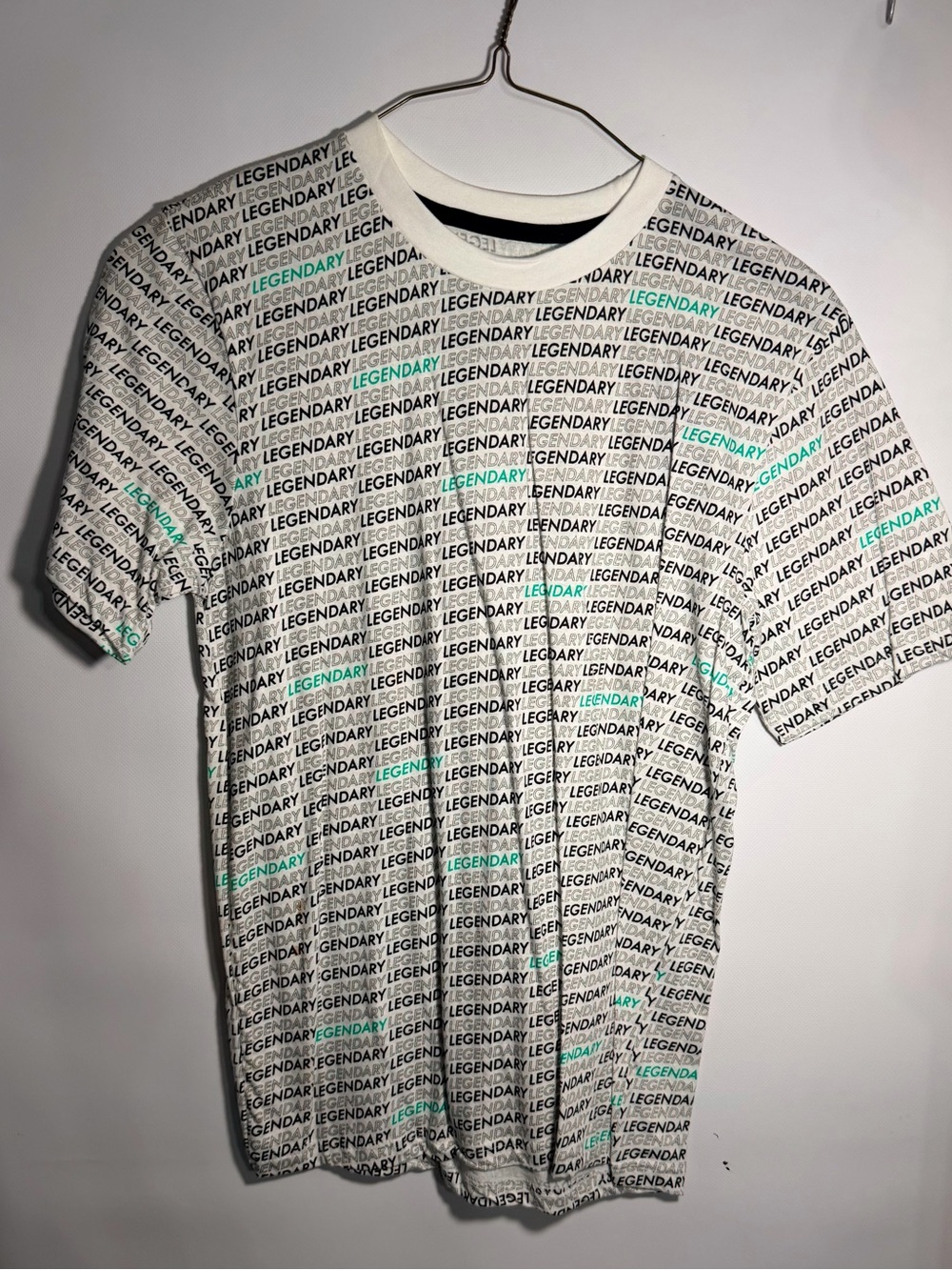 Eighty Eight White Tee with Black and Green Repeat 'LEGENDARY' Print